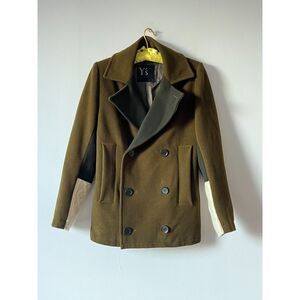 Yohji Yamamoto Y's Army Green Peacoat Wool Cream Knit Accents 2 Medium Womens